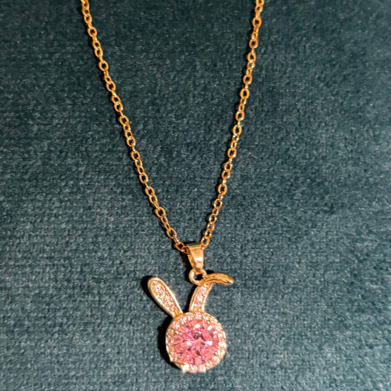 Gold Plated Bunny Shape Pink American Diamond